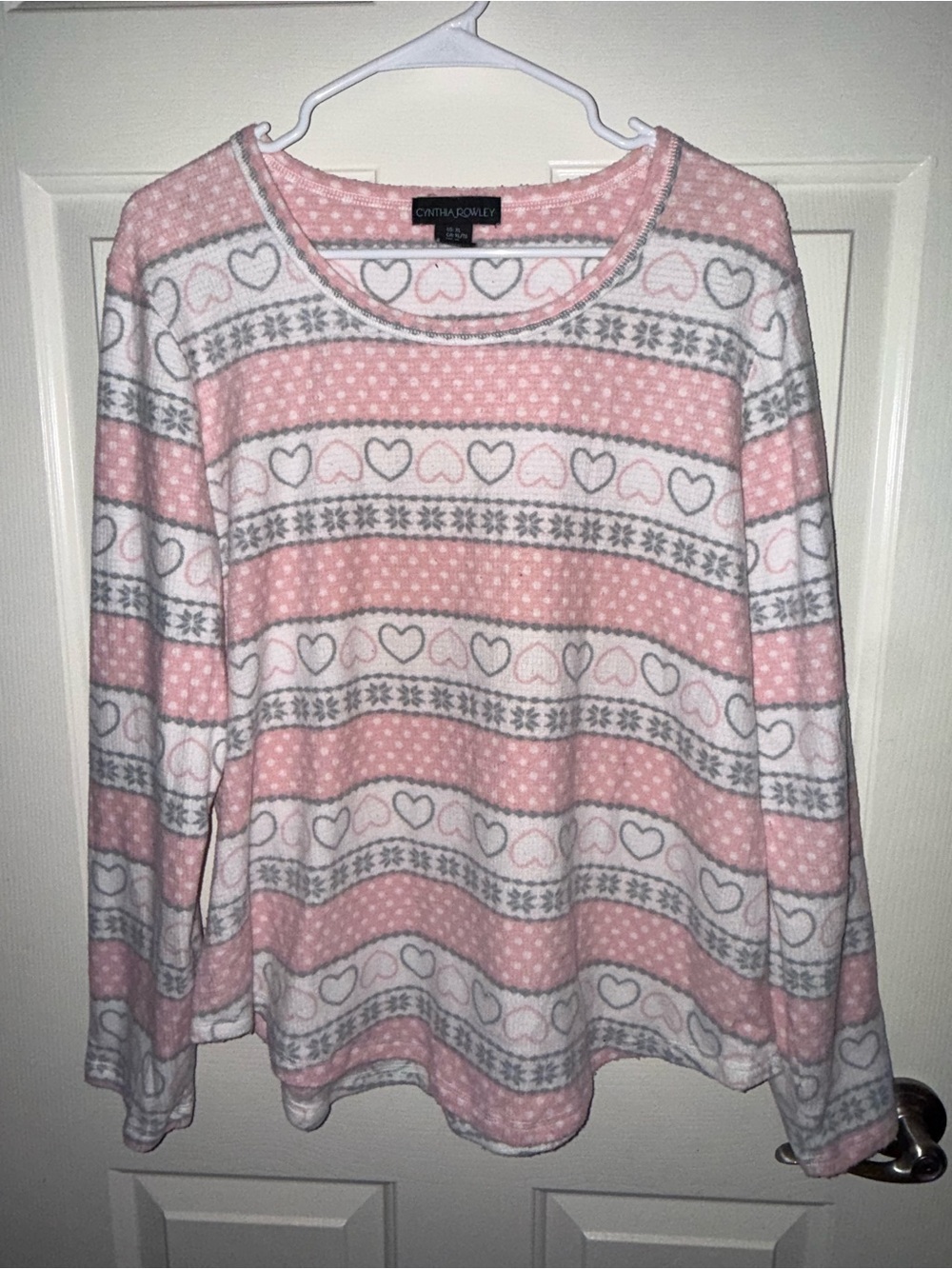 Cynthia Rowley Pink, White & Gray Heart-Striped Fleece Crewneck